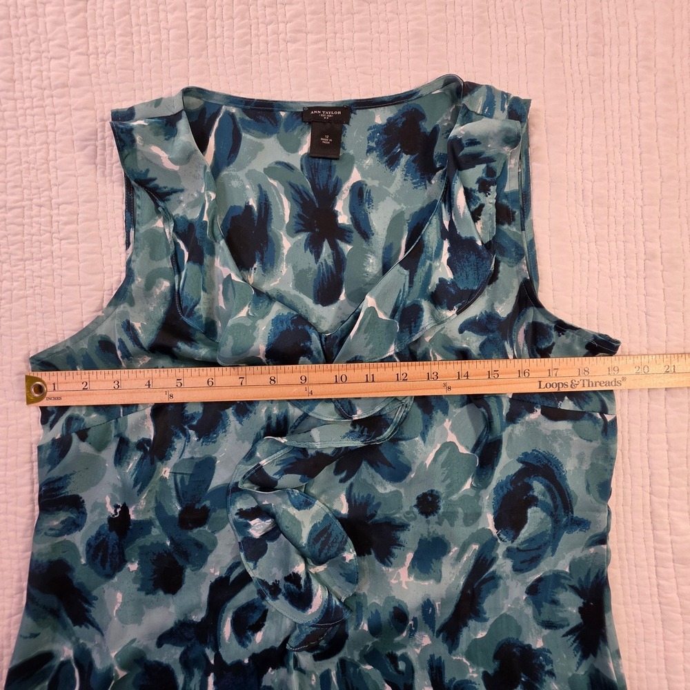 Ann Taylor Ruffle Floral Sleeveless Shell Teal Blue Womens 12 Excellent - Picture 7 of 12
